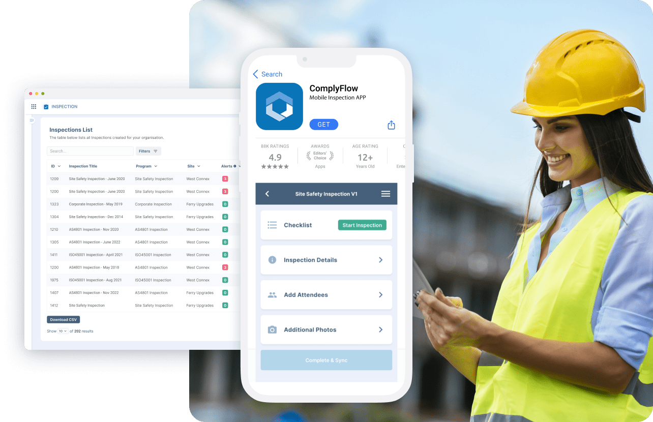 Three mobile screens showing safety inspection workflow from overview to checklist
