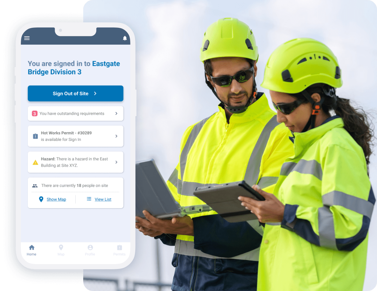 Two workers in high-vis gear using tablet with mobile site access app interface